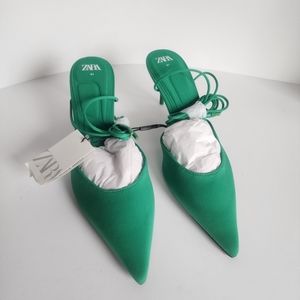 NWT Zara Green Tie Up Fabric Pumps Size 10